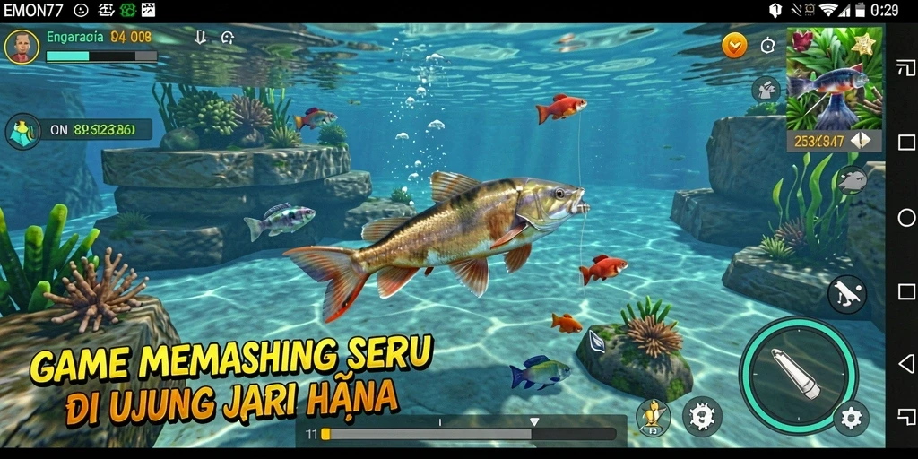 Screenshot utama EMON77 menampilkan gameplay memancing yang mendebarkan.