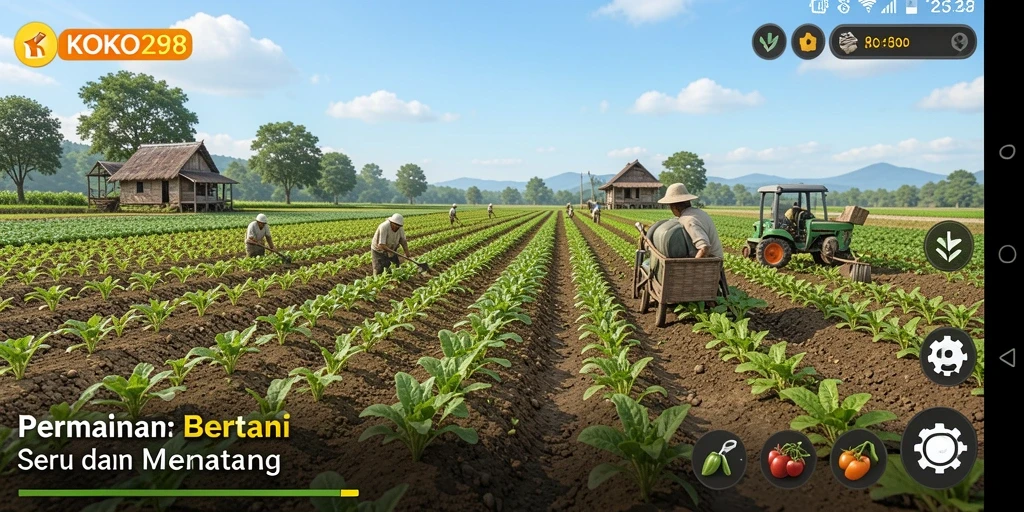 Tampilan gameplay KOKO288 dengan kebun yang hijau dan hewan ternak.