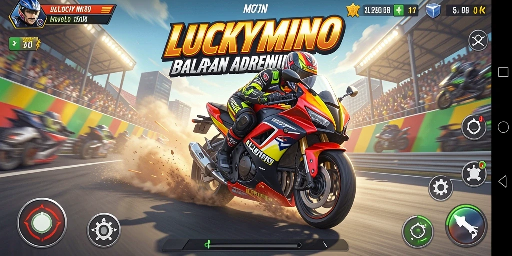 Screenshot gameplay LUCKYMINO dengan aksi balapan motor yang mendebarkan.