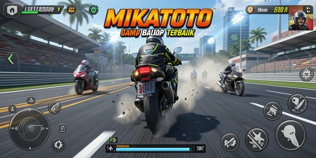 Screenshot gameplay MIKATOTO yang menunjukkan balapan seru dengan motor cepat.