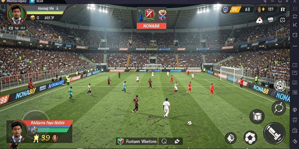 Tampilan gameplay NONA88 dengan aksi sepak bola yang intens.